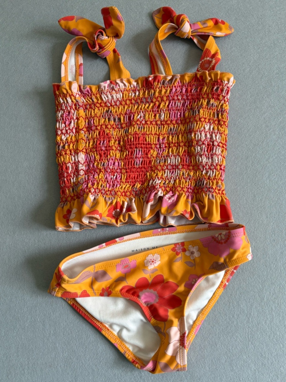 Girls' Maison Me Orange Melanie Smocked Floral Retro Two-Piece Swim Set sz 6-7Y - Picture 3 of 5